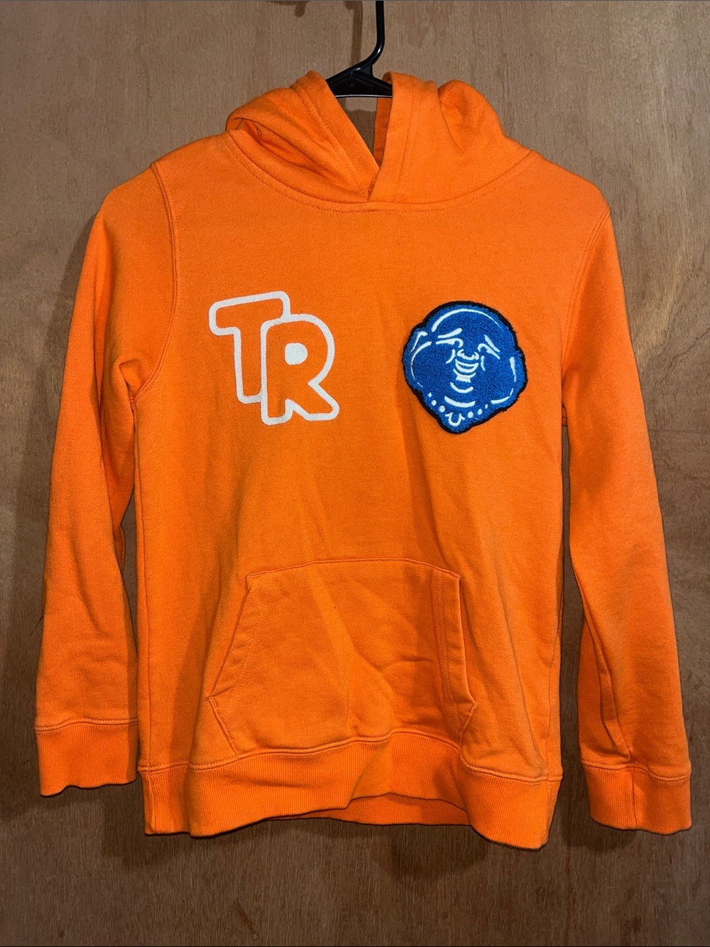 True Religion Kids Orange Hoodie with Blue Patch and White TR Logo